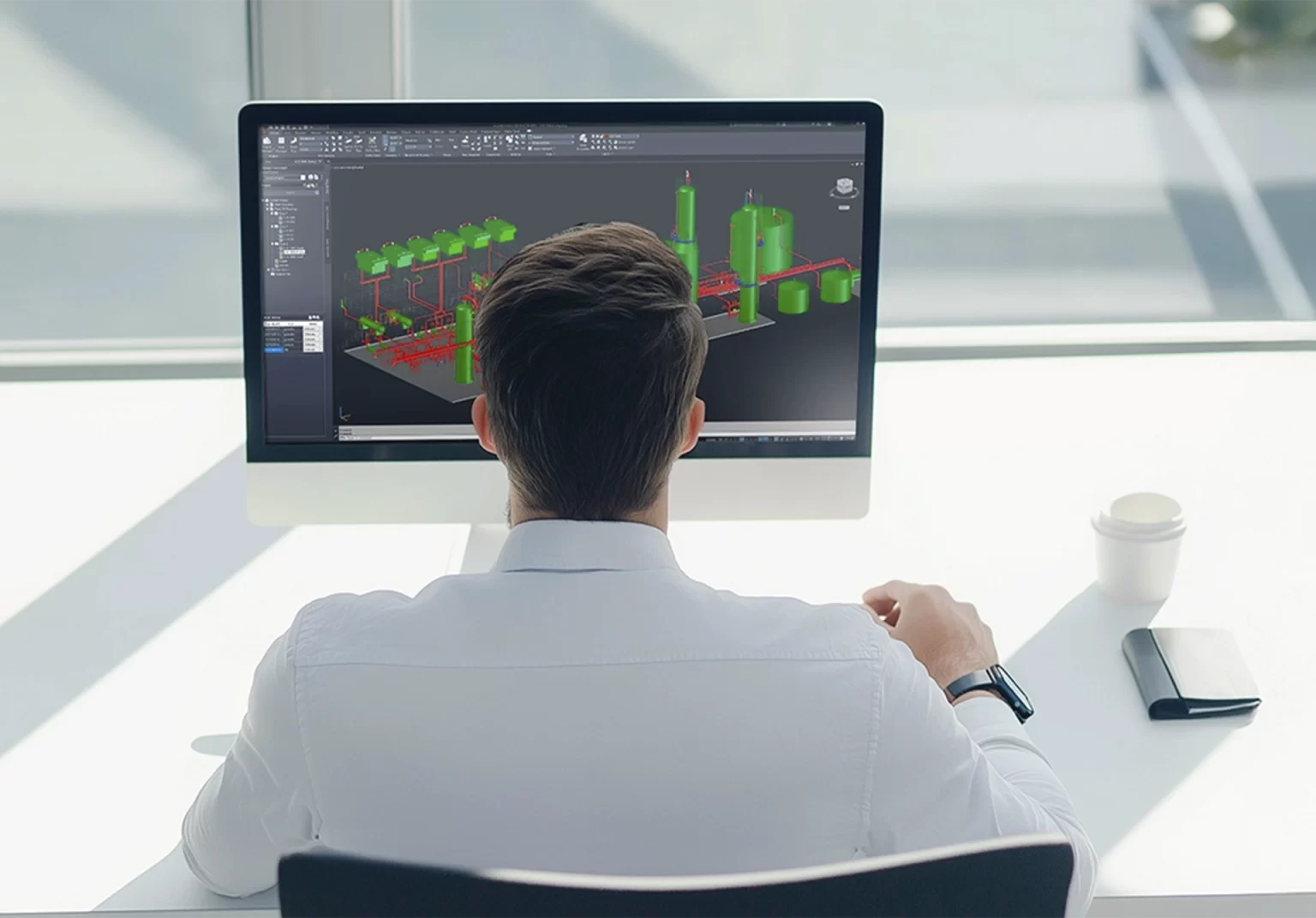 Ingeniero diseñando un sistema industrial con software CAD