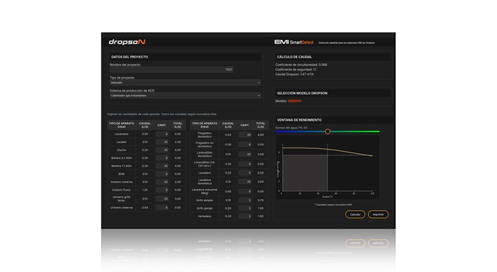 Interfaz del software Dropson EMI Smart Select